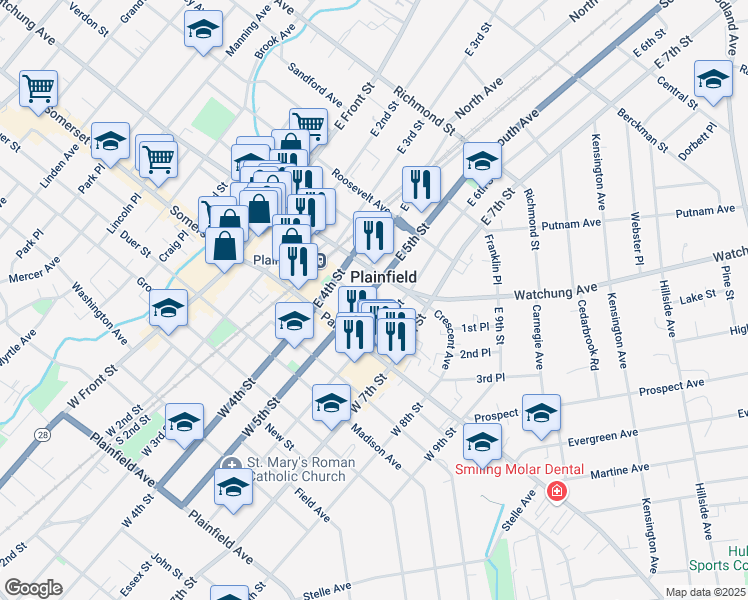 map of restaurants, bars, coffee shops, grocery stores, and more near 140 East 5th Street in Plainfield
