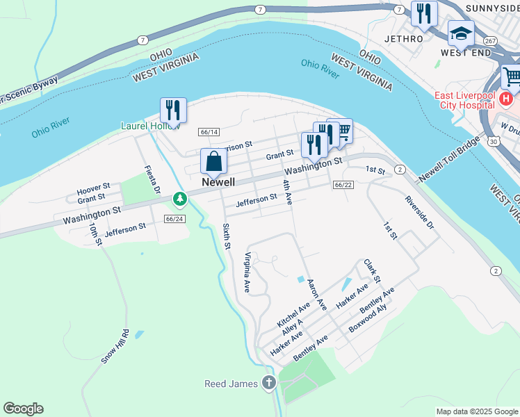 map of restaurants, bars, coffee shops, grocery stores, and more near Lincoln Ave in Newell