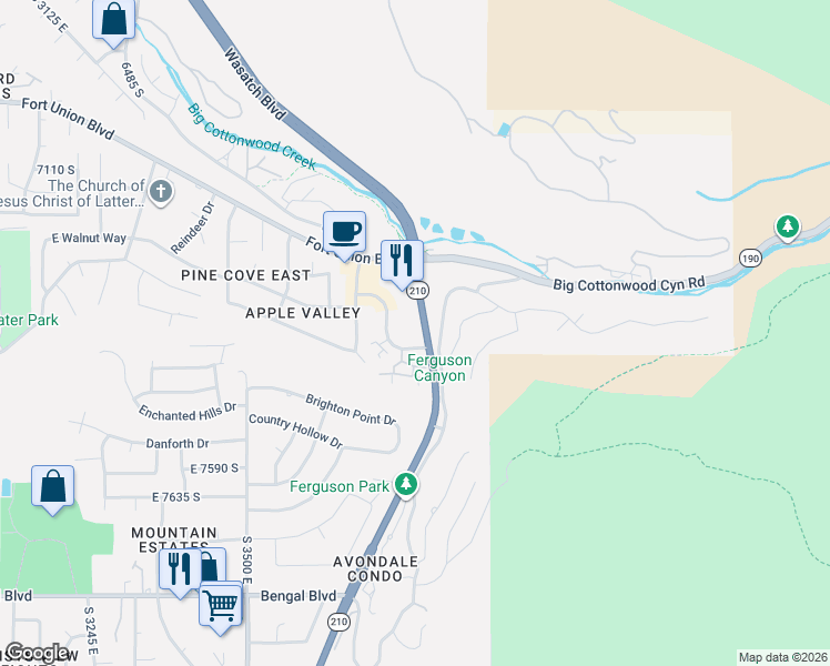 map of restaurants, bars, coffee shops, grocery stores, and more near 7367 Canyon Centre Pkwy in Cottonwood Heights