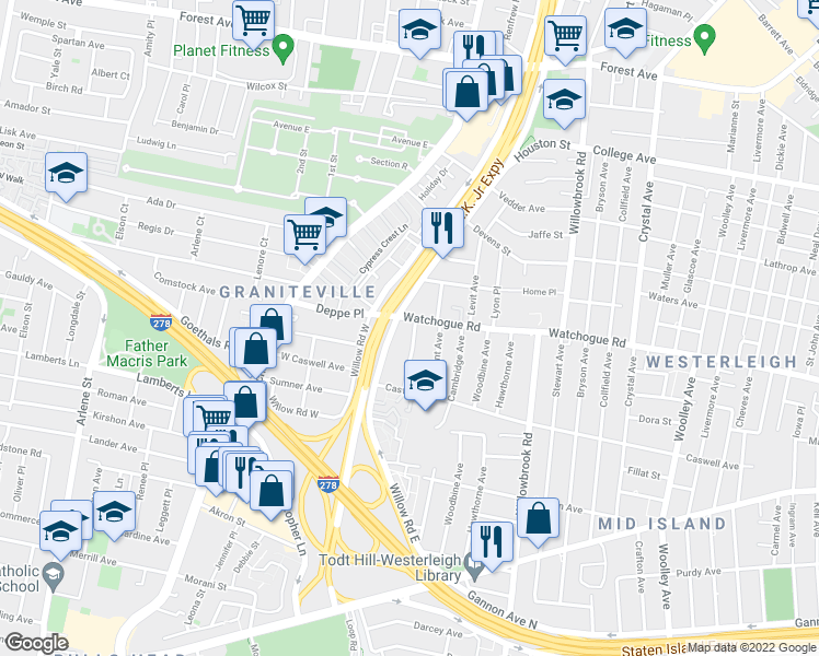 map of restaurants, bars, coffee shops, grocery stores, and more near 6 Canterbury Avenue in Staten Island