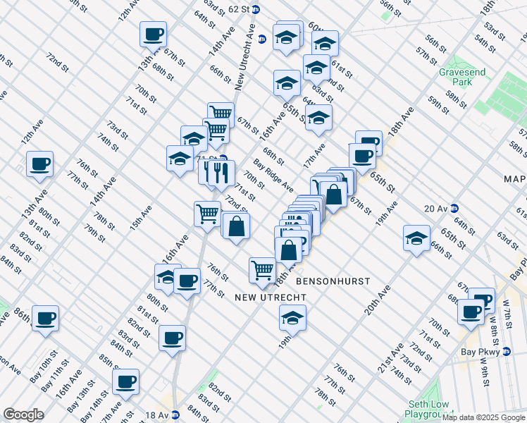 map of restaurants, bars, coffee shops, grocery stores, and more near 7110 17th Avenue in Brooklyn