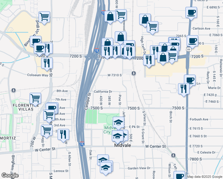 map of restaurants, bars, coffee shops, grocery stores, and more near 7370 South Wood Lily Court in Midvale