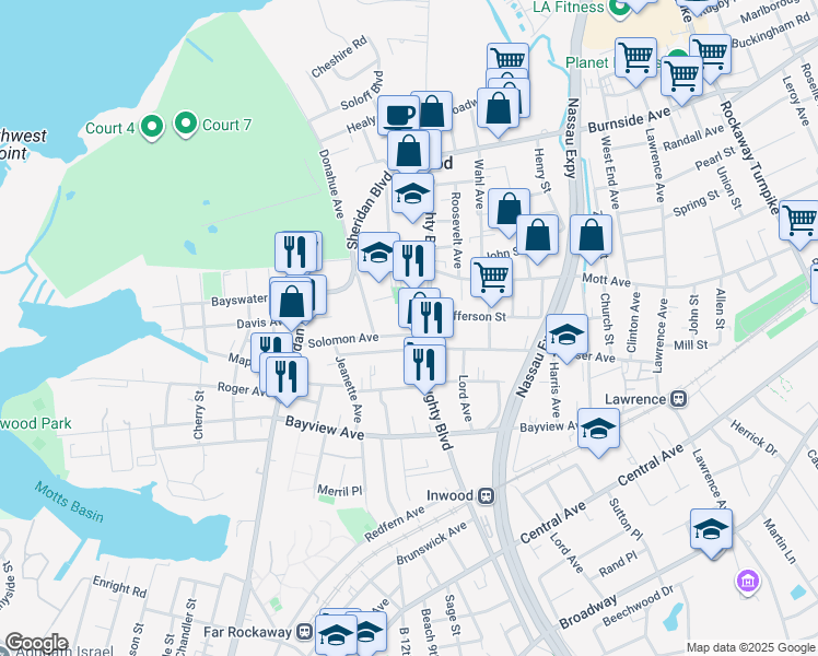 map of restaurants, bars, coffee shops, grocery stores, and more near 217 Solomon Avenue in Inwood