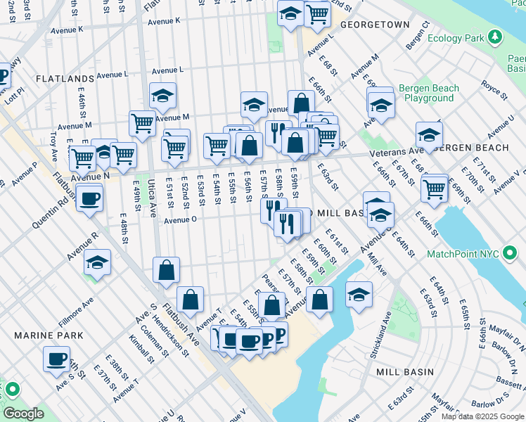 map of restaurants, bars, coffee shops, grocery stores, and more near 5613 Avenue O in Brooklyn
