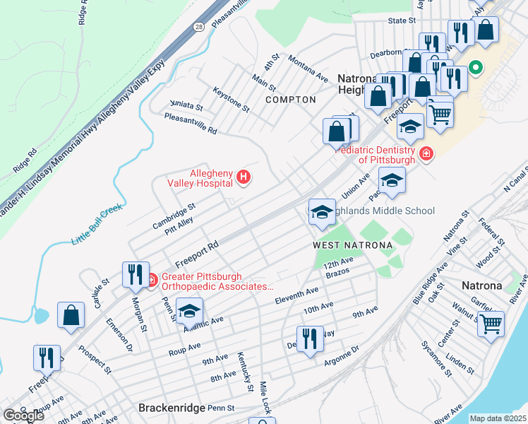 map of restaurants, bars, coffee shops, grocery stores, and more near 1313 Freeport Road in Natrona Heights