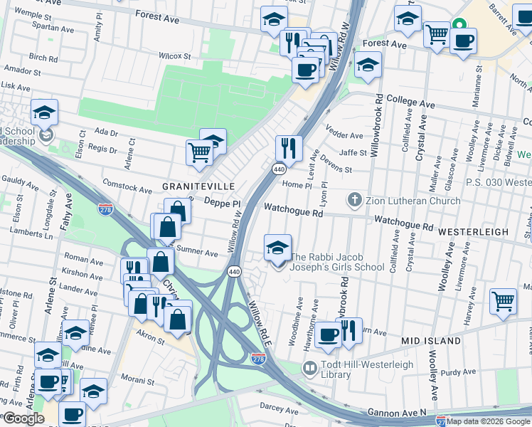 map of restaurants, bars, coffee shops, grocery stores, and more near 6 Canterbury Avenue in Staten Island