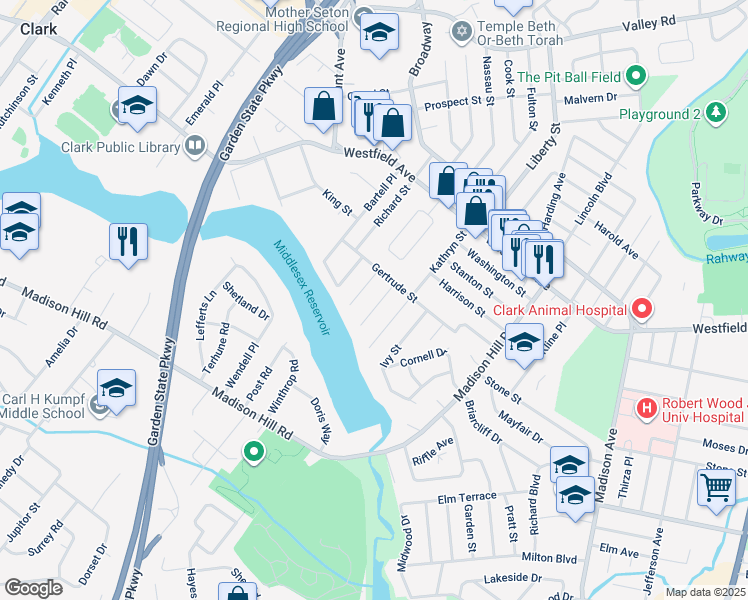 map of restaurants, bars, coffee shops, grocery stores, and more near 22 Charles Street in Clark