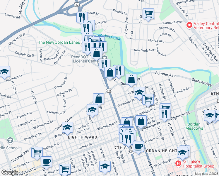 map of restaurants, bars, coffee shops, grocery stores, and more near 655 Sumner Avenue in Allentown