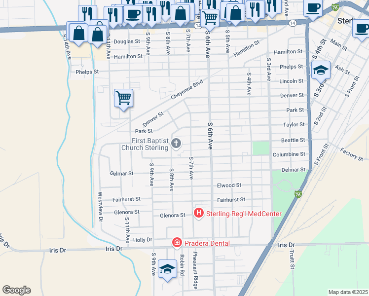 map of restaurants, bars, coffee shops, grocery stores, and more near 916 South 7th Avenue in Sterling