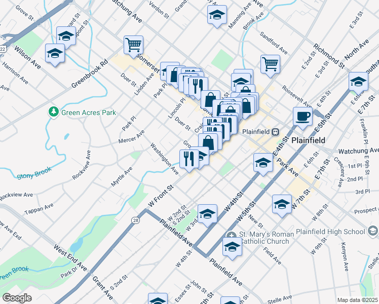 map of restaurants, bars, coffee shops, grocery stores, and more near 5-21 Grove Street in North Plainfield