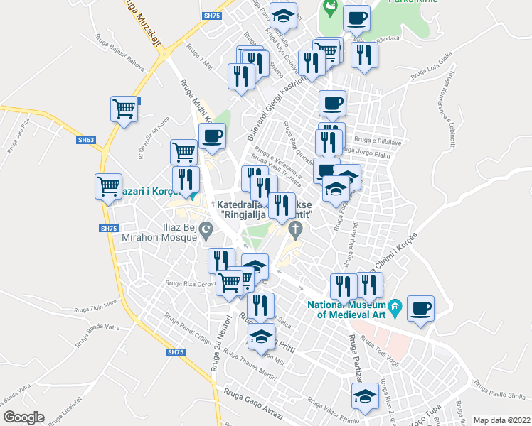 map of restaurants, bars, coffee shops, grocery stores, and more near Bulevardi Shën Gjergji in Korçë