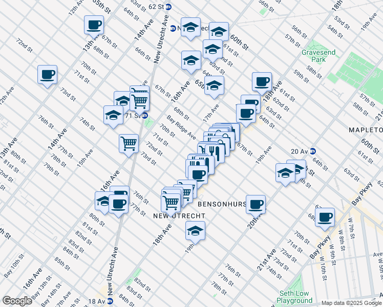 map of restaurants, bars, coffee shops, grocery stores, and more near 1724 70th Street in Brooklyn
