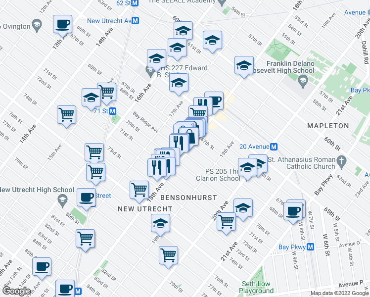 map of restaurants, bars, coffee shops, grocery stores, and more near 6818 18th Avenue in Brooklyn