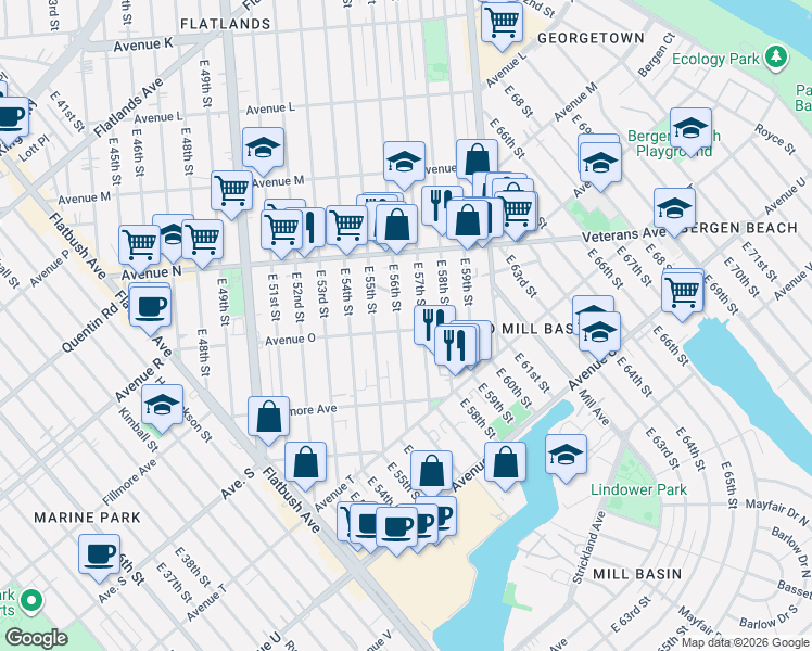 map of restaurants, bars, coffee shops, grocery stores, and more near 5613 Avenue O in Brooklyn