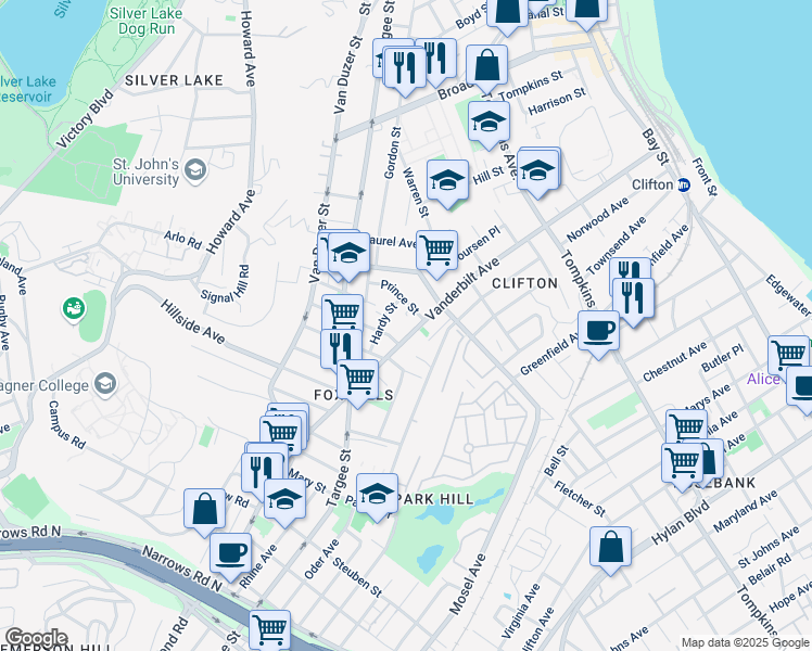map of restaurants, bars, coffee shops, grocery stores, and more near 337A Vanderbilt Avenue in Staten Island