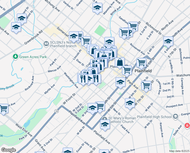 map of restaurants, bars, coffee shops, grocery stores, and more near 112 Madison Avenue in Plainfield