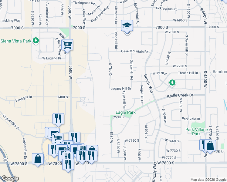map of restaurants, bars, coffee shops, grocery stores, and more near 5339 Legacy Hill Drive in West Jordan