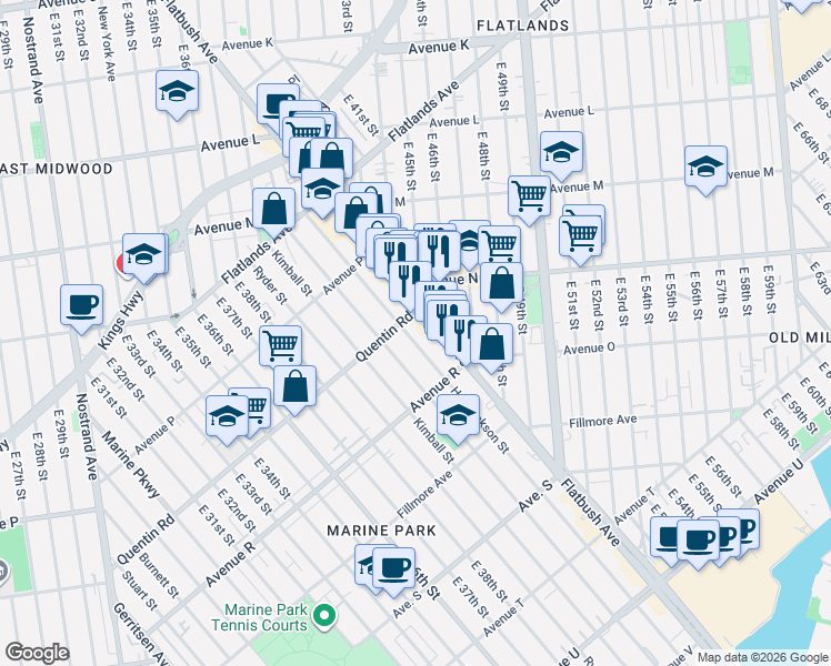map of restaurants, bars, coffee shops, grocery stores, and more near 1717 Hendrickson Street in Brooklyn
