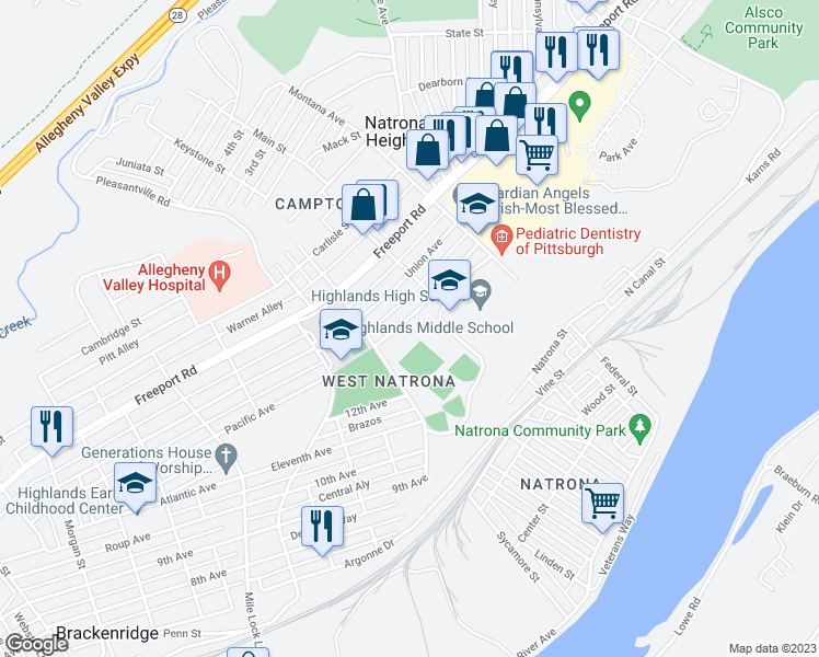 map of restaurants, bars, coffee shops, grocery stores, and more near 1424 Pacific Avenue in Natrona Heights