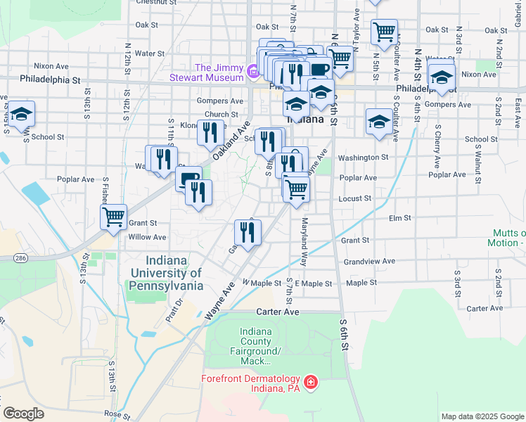 map of restaurants, bars, coffee shops, grocery stores, and more near 750 Locust Street in Indiana
