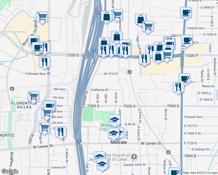 map of restaurants, bars, coffee shops, grocery stores, and more near 7365 South Wood Lily Court in Midvale
