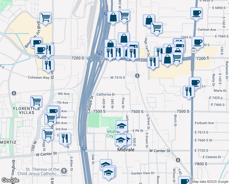 map of restaurants, bars, coffee shops, grocery stores, and more near 7366 South Wood Lily Court in Midvale