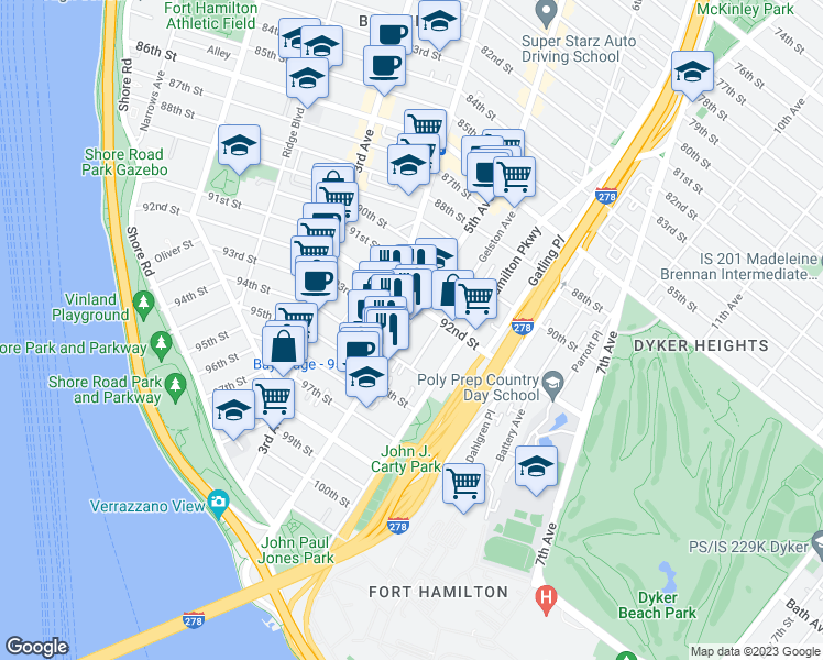 map of restaurants, bars, coffee shops, grocery stores, and more near 9229 5th Avenue in Brooklyn