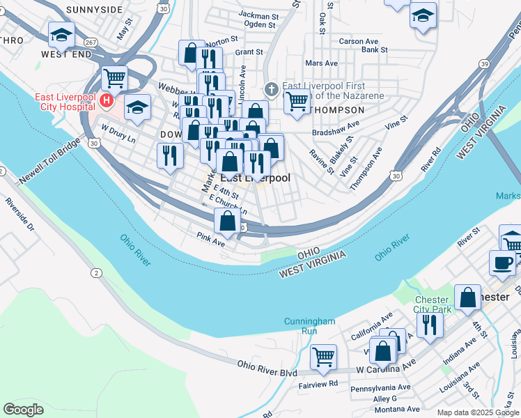 map of restaurants, bars, coffee shops, grocery stores, and more near 414 Broadway Street in East Liverpool