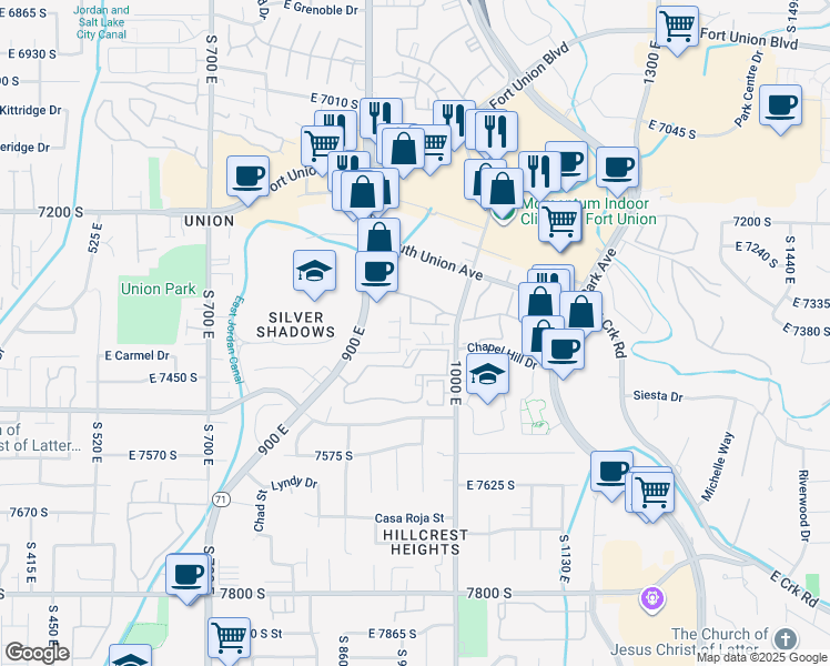 map of restaurants, bars, coffee shops, grocery stores, and more near 963 Taliesen Cove in Midvale