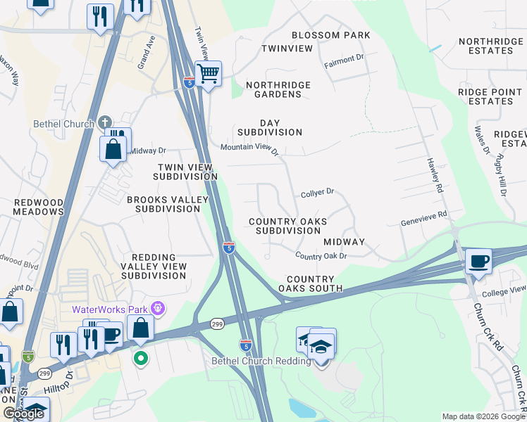 map of restaurants, bars, coffee shops, grocery stores, and more near 6572 Jonella Way in Redding