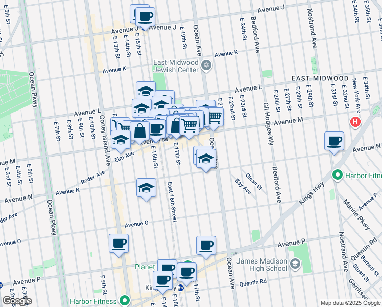 map of restaurants, bars, coffee shops, grocery stores, and more near 1365 East 17th Street in Brooklyn