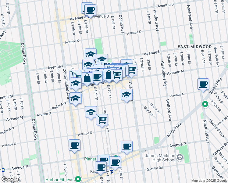 map of restaurants, bars, coffee shops, grocery stores, and more near 1365 East 17th Street in Brooklyn