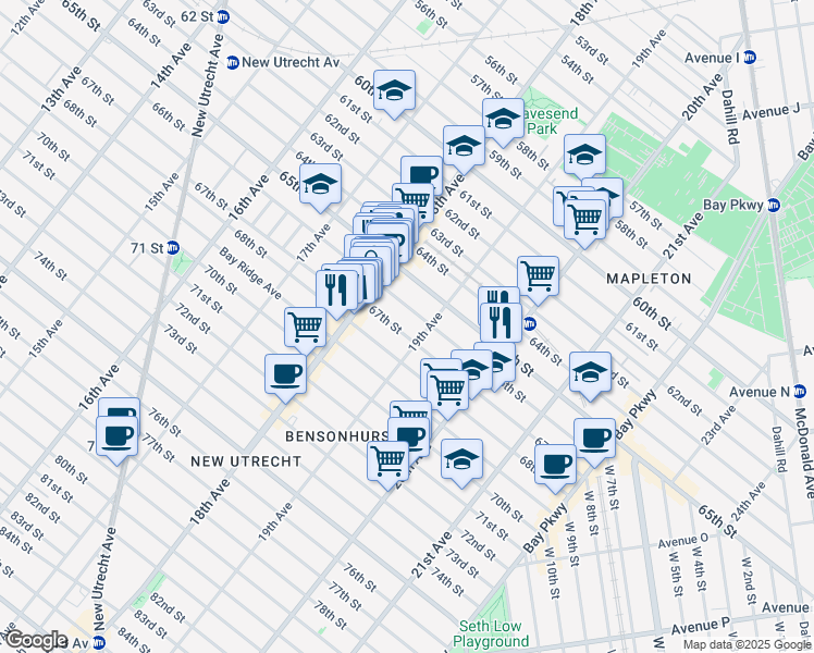 map of restaurants, bars, coffee shops, grocery stores, and more near 6612 19th Avenue in Brooklyn