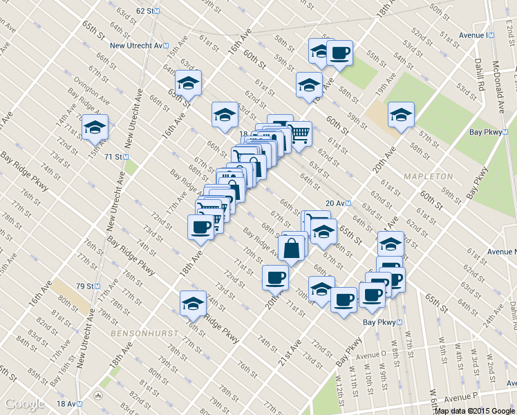 map of restaurants, bars, coffee shops, grocery stores, and more near 1847 68th Street in Brooklyn