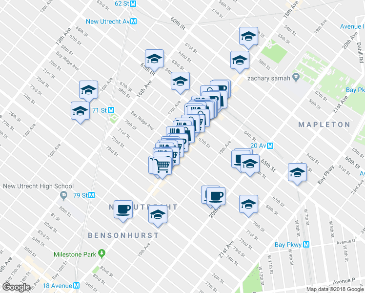 map of restaurants, bars, coffee shops, grocery stores, and more near 6816 18th Avenue in Brooklyn