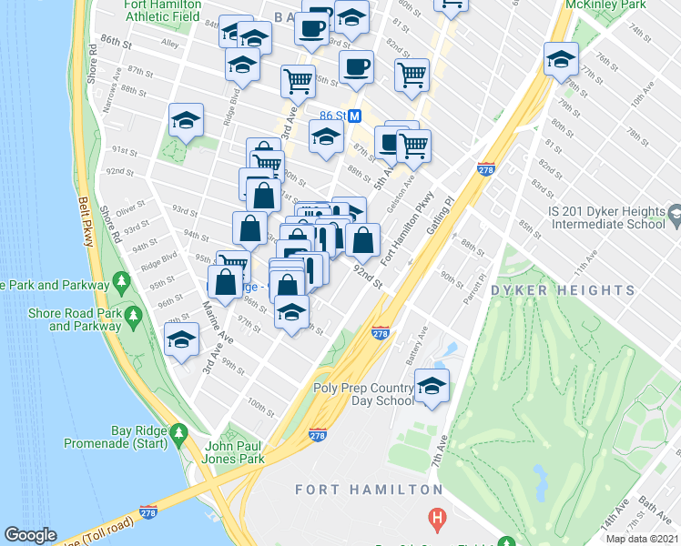 map of restaurants, bars, coffee shops, grocery stores, and more near 9229 5th Avenue in Brooklyn