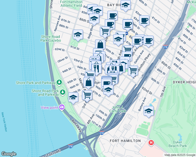 map of restaurants, bars, coffee shops, grocery stores, and more near 329 95th Street in Brooklyn