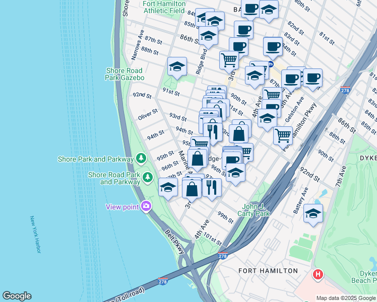 map of restaurants, bars, coffee shops, grocery stores, and more near 211 96th Street in Brooklyn