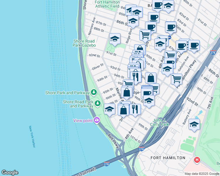 map of restaurants, bars, coffee shops, grocery stores, and more near 143 95th Street in Brooklyn