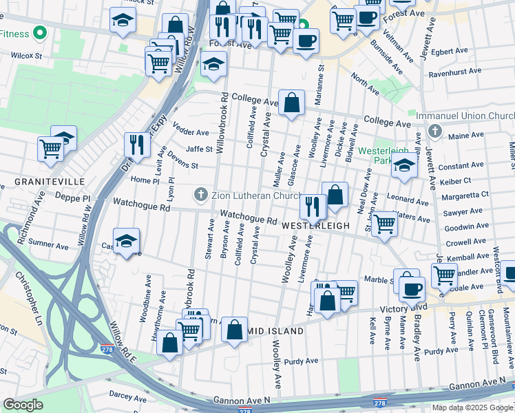 map of restaurants, bars, coffee shops, grocery stores, and more near 271 Crystal Avenue in Staten Island