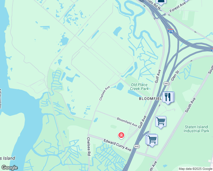 map of restaurants, bars, coffee shops, grocery stores, and more near Bloomfield Rd in Staten Island