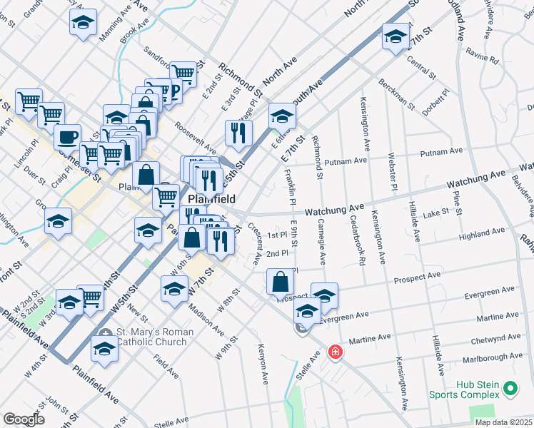 map of restaurants, bars, coffee shops, grocery stores, and more near 606 Crescent Avenue in Plainfield