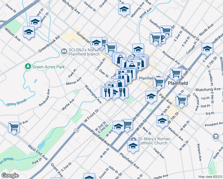 map of restaurants, bars, coffee shops, grocery stores, and more near 12 Grove Street in Plainfield
