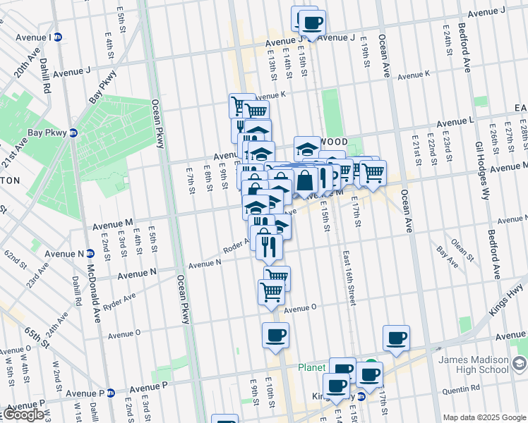 map of restaurants, bars, coffee shops, grocery stores, and more near 1639 Coney Island Avenue in Brooklyn