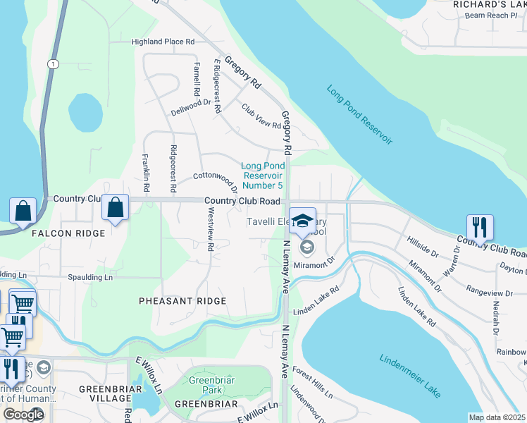 map of restaurants, bars, coffee shops, grocery stores, and more near 1005 Country Club Road in Fort Collins