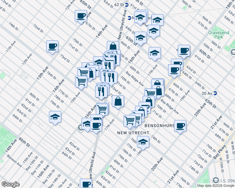 map of restaurants, bars, coffee shops, grocery stores, and more near 1648 72nd Street in Brooklyn
