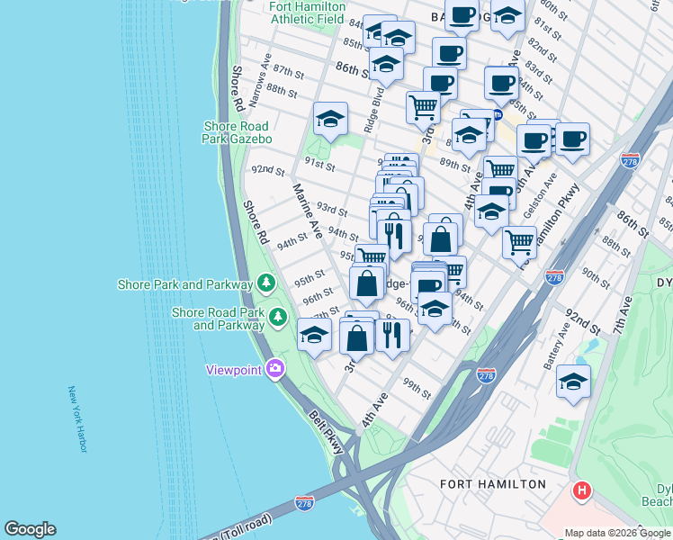map of restaurants, bars, coffee shops, grocery stores, and more near 211 96th Street in Brooklyn