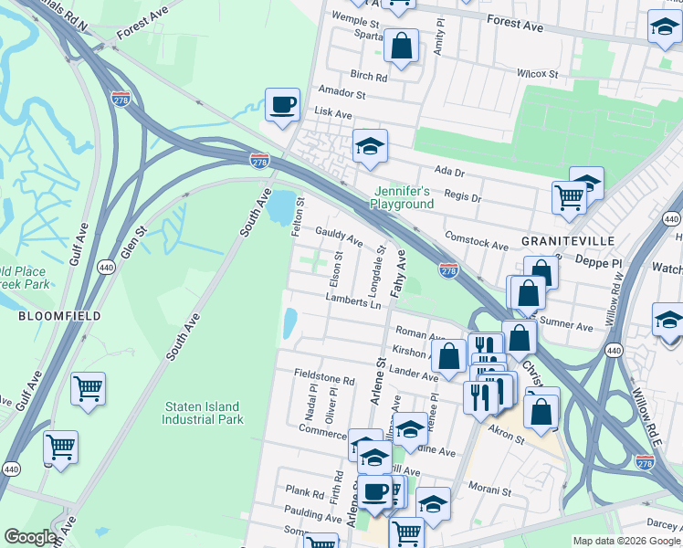 map of restaurants, bars, coffee shops, grocery stores, and more near 65 Elson Street in Staten Island