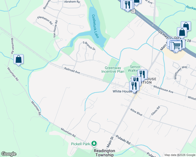 map of restaurants, bars, coffee shops, grocery stores, and more near 33 Railroad Avenue in Hunterdon County
