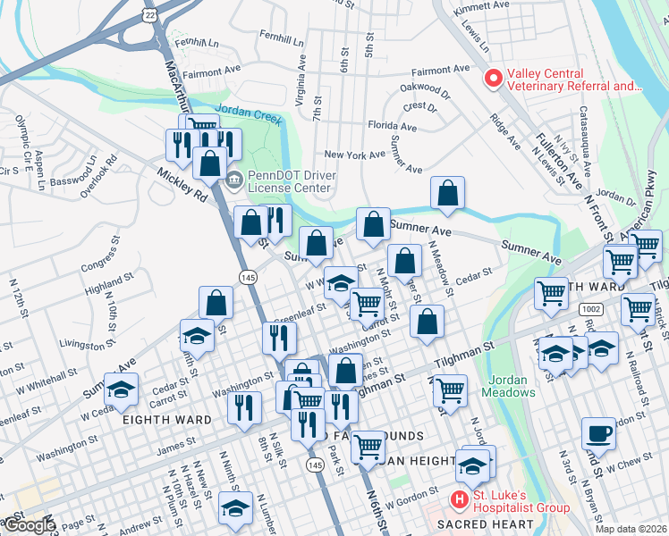 map of restaurants, bars, coffee shops, grocery stores, and more near 933 North 5th Street in Allentown